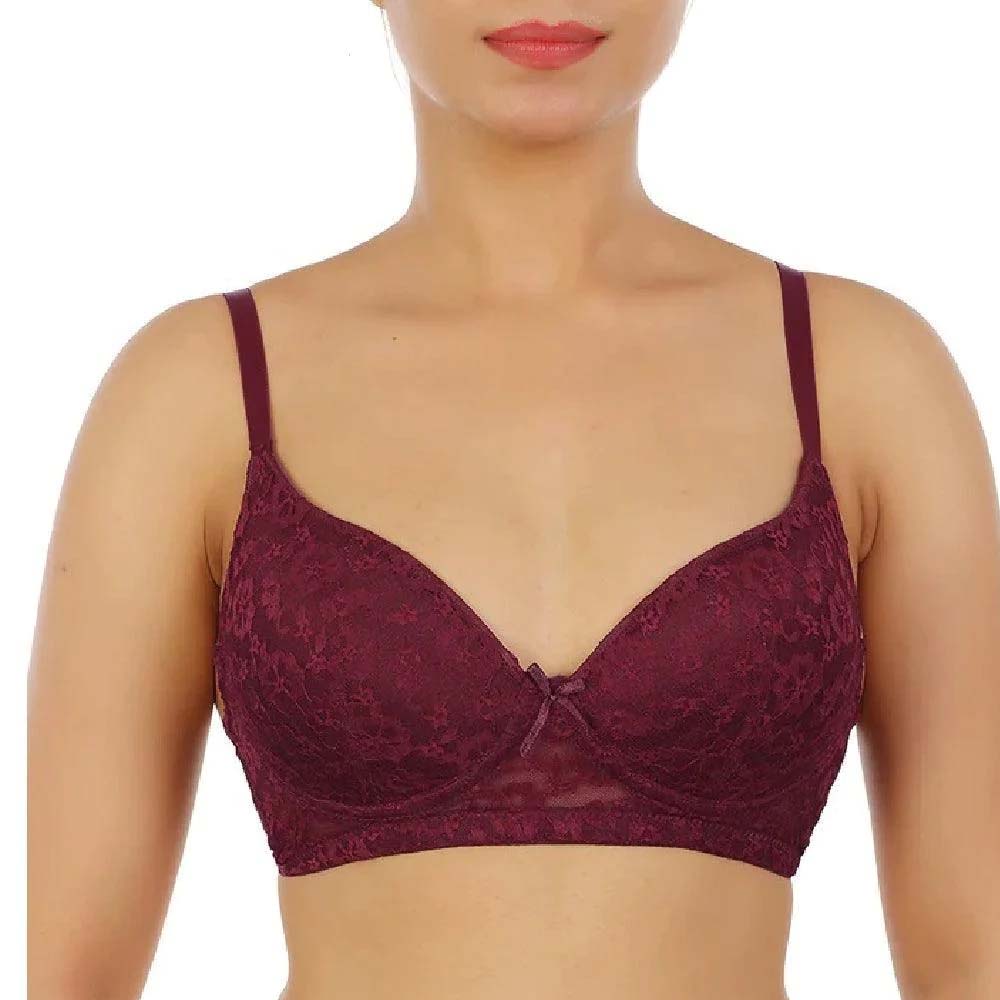 Maroon Color Padded Bra With Lace Light Padded Push-Up Bra With Adjustable Straps For Women